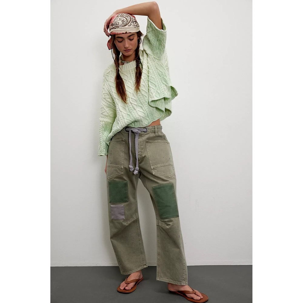 We The Free People Tinsley Patchwork Carpenter Pants Olive Green 29 Wide Leg